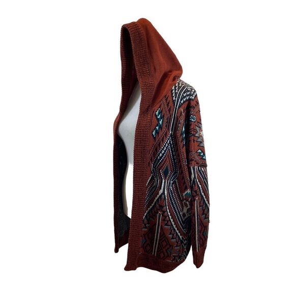 Ecote BrandTribal Print Rust Color Hooded Open Front Cardigan Sweater Size Small - Picture 3 of 11